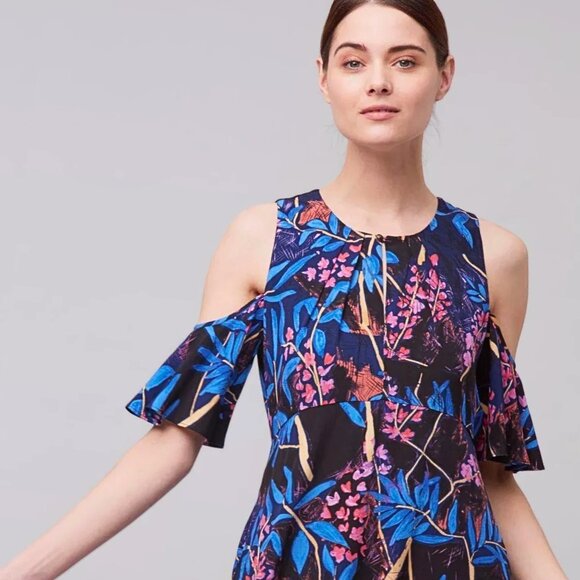 Anthropologie Maeve Elia Open Shoulder Navy Blue Floral Ruffle Sleeve Mini Dress - Picture 2 of 16